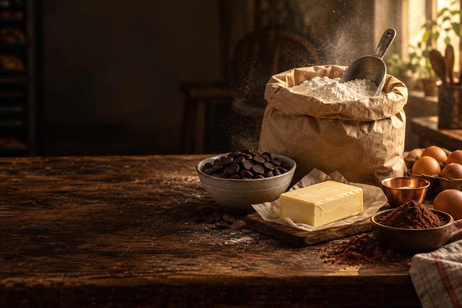 Ingredientes de panificação sobre uma bancada de madeira escura: saco de farinha com concha, manteiga, gotas de chocolate, cacau em pó e ovos, com luz de janela