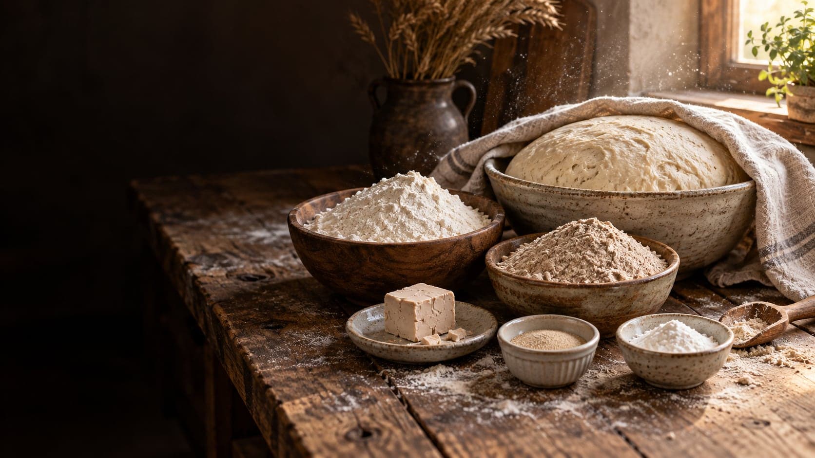 Tigelas de farinha branca e integral, fermento fresco e seco e uma massa crescendo sob um pano de linho